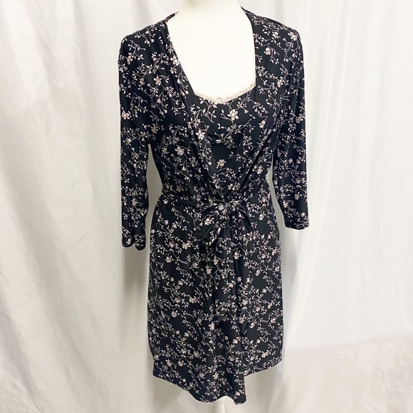 Rene Rofe Sleepwear Set Black & Pink Floral Slip & Robe - Picture 1 of 10